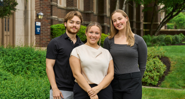 Justin Barton, '26, Maria Johnson, '24, and Meghan Lyons, '25, M.S. '26