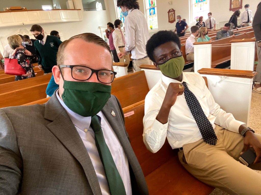 Lawrence Mani '26, with his high school English teacher, Joseph Rogers, '18, who inspired Lawrence to attend La Salle.