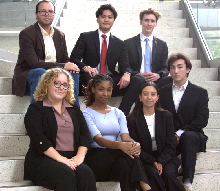 La Salle Mock Trial Association Planning Board Top row L to R: Tournament Director Patrick Malloy, ‘26, President Matthew Dumagco, ‘25, and Vice President of Finance Cole Welsh, ‘26. Bottom row L to R: Vice President of Personnel Ashley Richwine, ‘27, Vice President Issa Jalloh, ‘25, Vice President of Logistics Ashley Duarte-Guerra, ‘27, and Judging Coordinator Kenny Lynch, ‘27. 