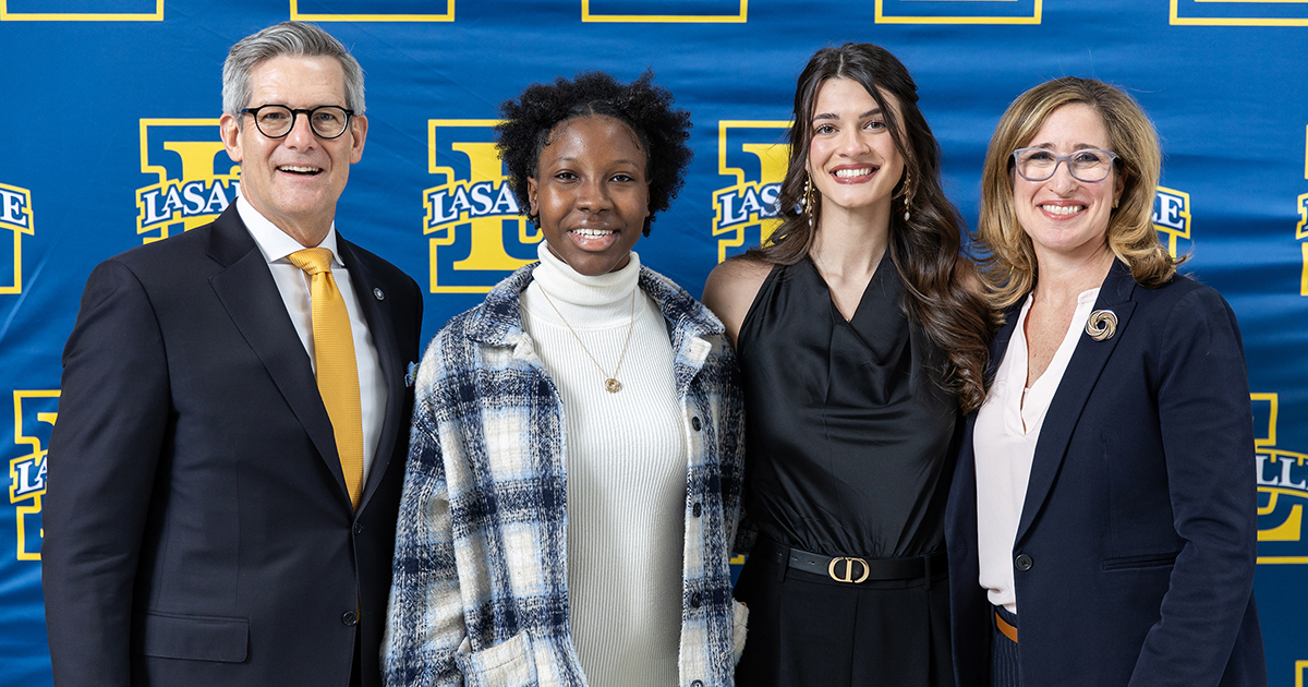 2025 La Salle Women in Leadership award luncheon from left to right: President Daniel J. Allen, with scholarship winners Taneeyah Simpson, ’28, and Felicity Hoffert, ’28, and 2025 Women in Leadership Award honoree Tina Wahl, '97.