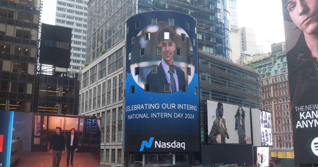 As intern of the week, Andres Hernandez, ’25, was featured on the NASDAQ sign in Times Square