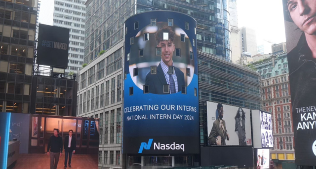 As intern of the week, Andres Hernandez, ’25, was featured on the NASDAQ sign in Times Square