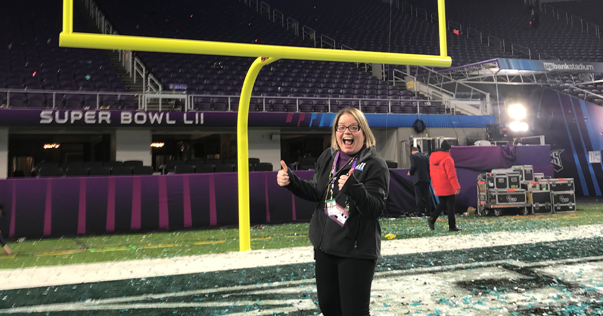 Cristine Paull, ’94, on the field after the Philadelphia Eagle’s Super Bowl win in 2018.